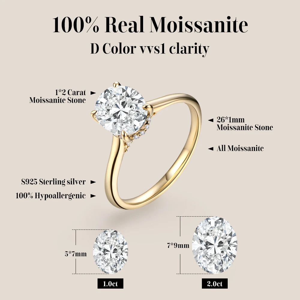 2CT Oval Solitaries Moissanite Ring 14K Gold vermeil