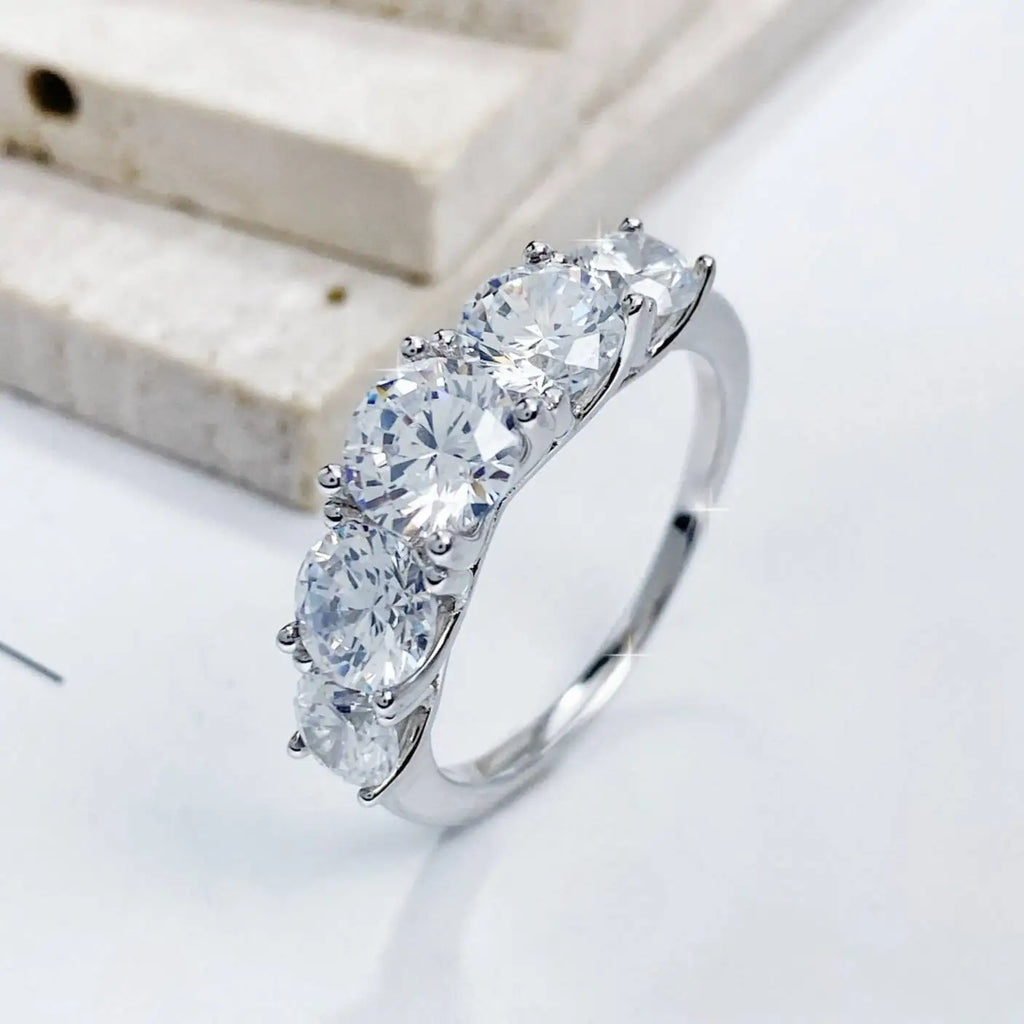 Classic Five Round Cut Moissanite Engagement Ring in Sterling Silver