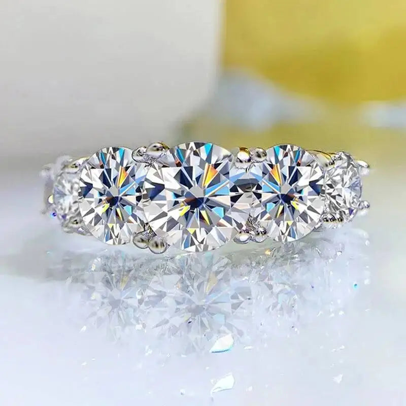 Classic Five Round Cut Moissanite Engagement Ring in Sterling Silver