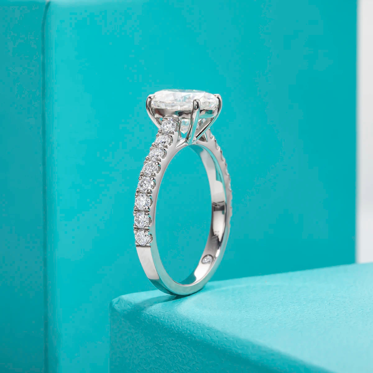 Classic 2 Ct Oval Moissanite Hidden Halo Engagement Ring