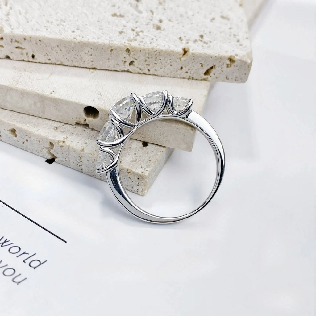 Classic Five Round Cut Moissanite Engagement Ring in Sterling Silver