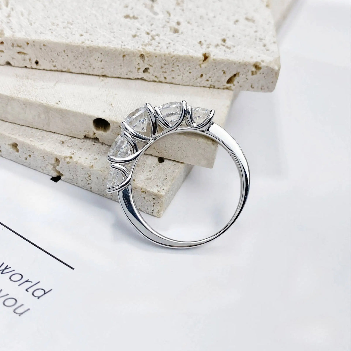 Classic Five Round Cut Moissanite Engagement Ring in Sterling Silver