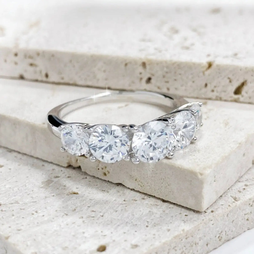 Classic Five Round Cut Moissanite Engagement Ring in Sterling Silver